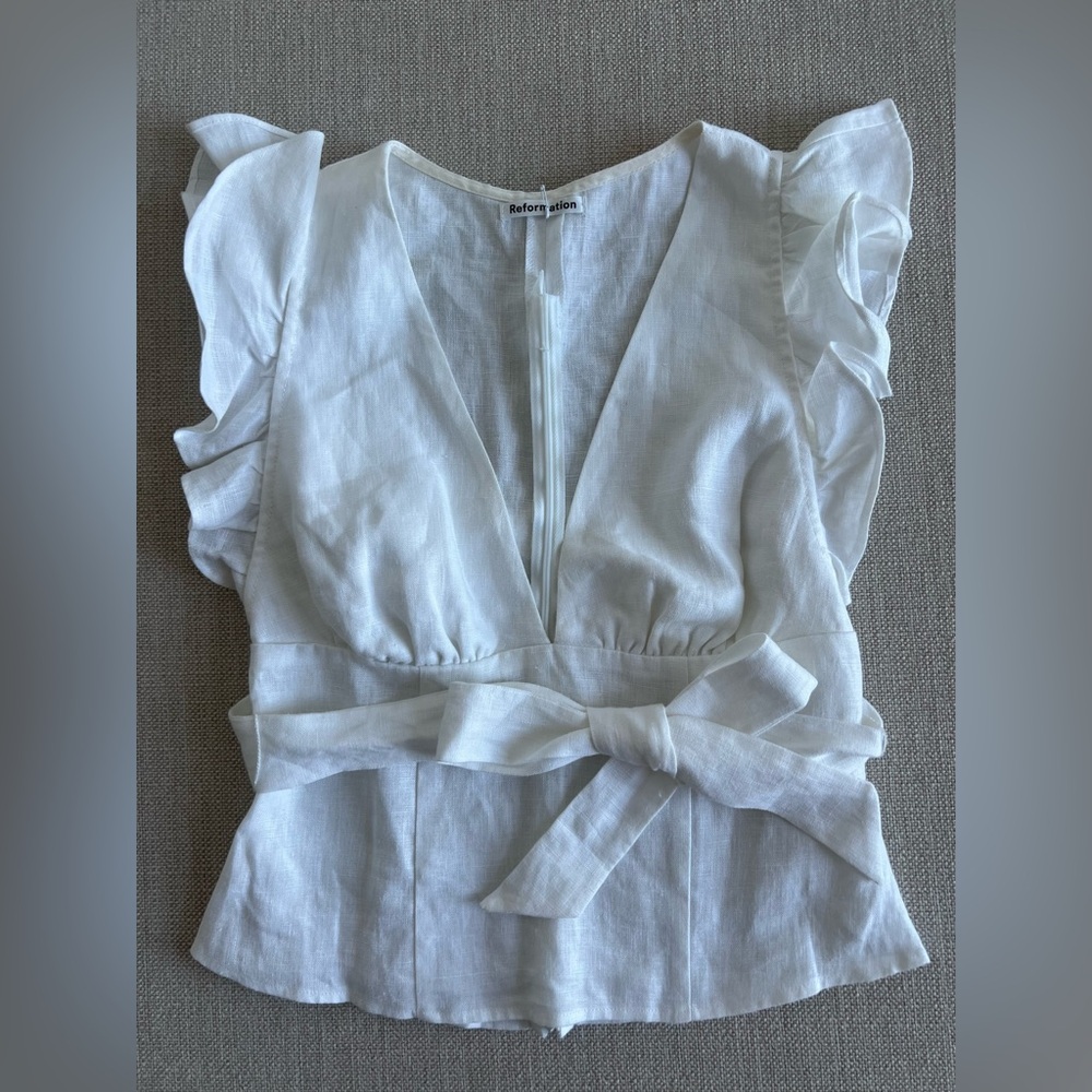 Reformation White V-Neck Ruffle Blouse